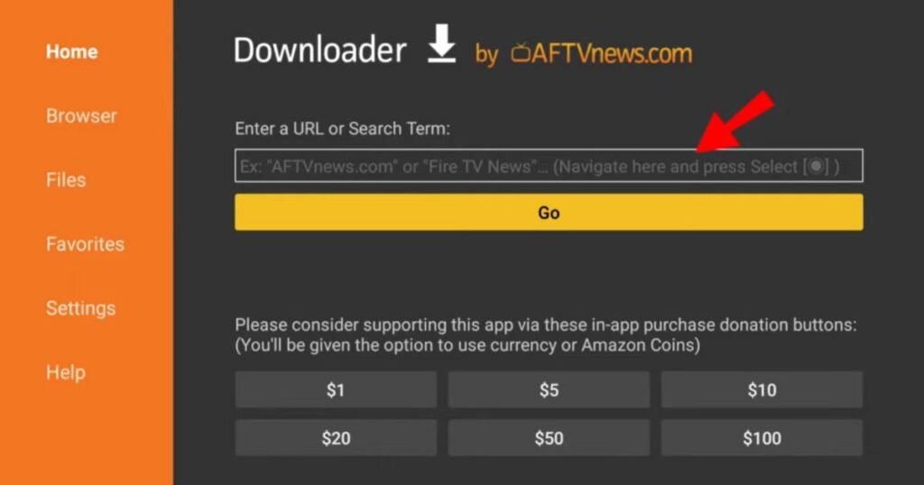 In the URL field of the Downloader app, enter the specific APK link provided on our official website