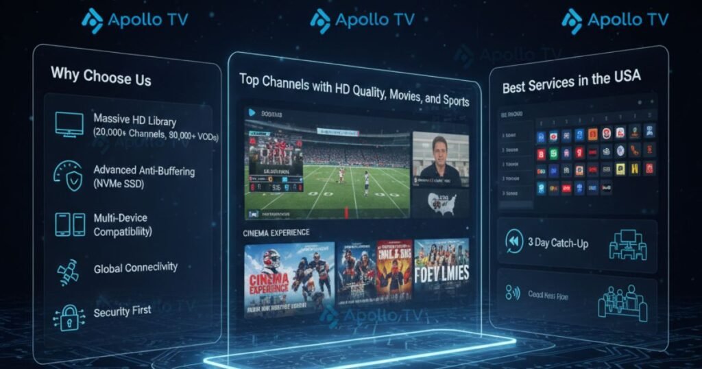 A high-resolution 8K graphic for APOLLO GROUP TV showing a futuristic digital screen with live sports and 4K movies, highlighting why apollo group tv iptv is the #1 best IPTV provider in the USA with 20,000+ channels and 80,000+ VODs.