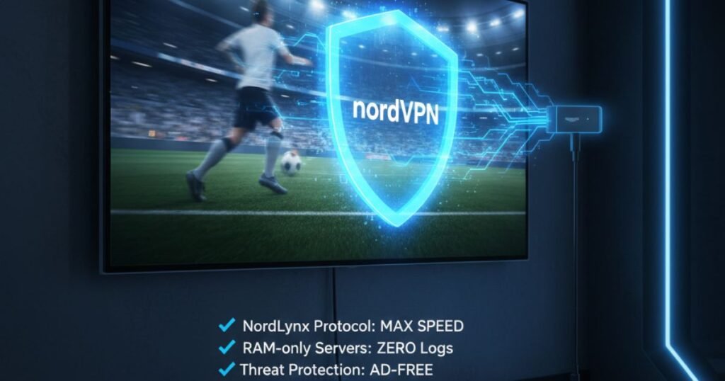 A high-quality 8k image showing a person using an Amazon Firestick remote to stream Apollo Group TV with a secure NordVPN connection highlighted on a Smart TV screen.