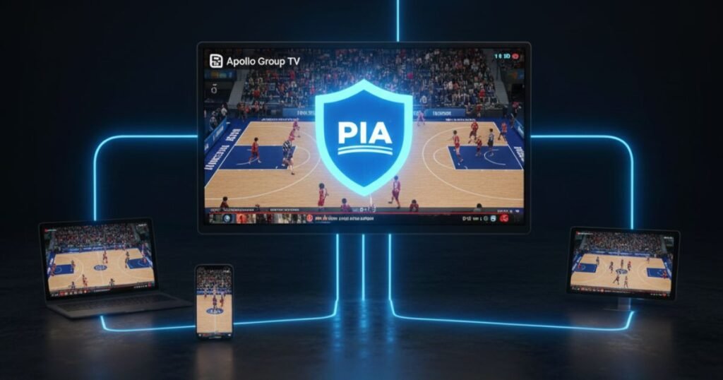A digital-themed image featuring the Private Internet Access (PIA) logo alongside an Apollo Group TV interface, emphasizing open-source security and verified no-logs privacy.